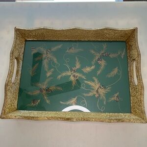 Florentine Glass Tray Golden Leaf Acorn Design Fall Winter Traditional Classic